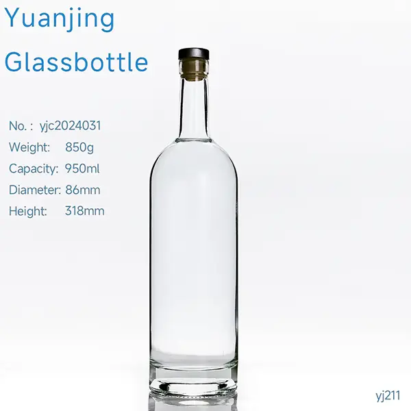 Empty 950ml clear glass vodka whisky bottle with cork