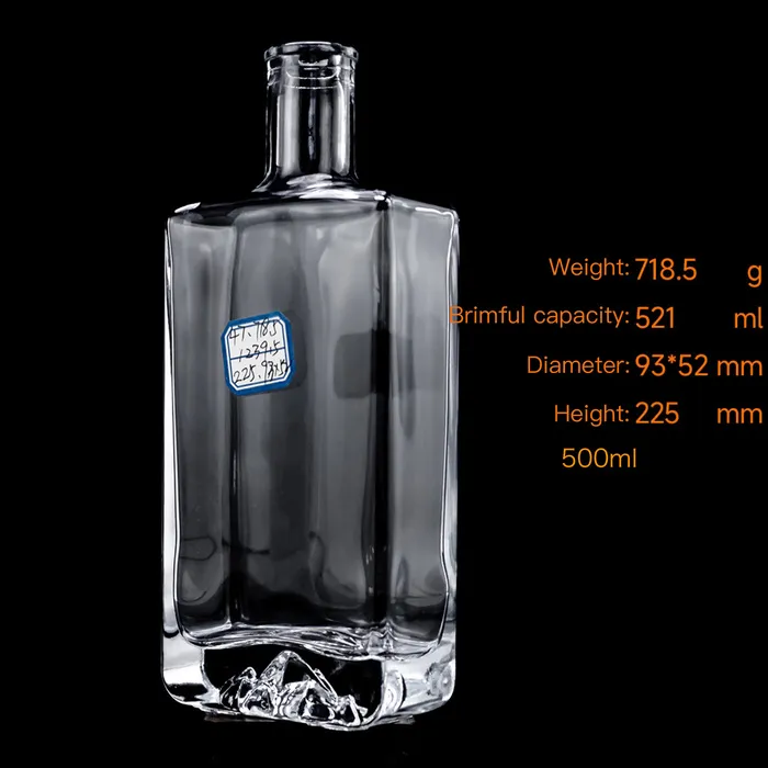 Rectangular iceberg bottom crystal clear glass bottle, 500ml vodka empty bottle