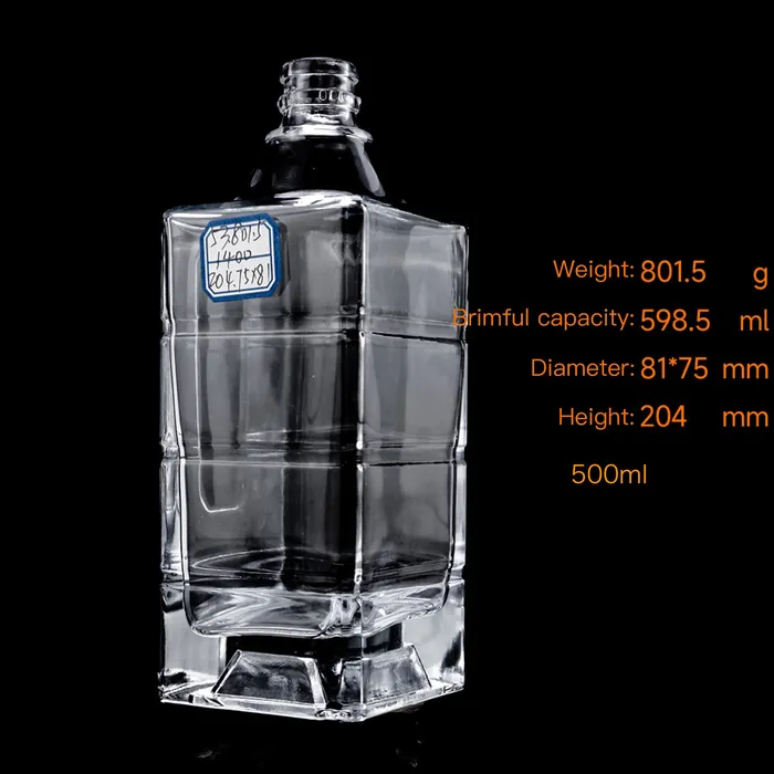 High-end 500ml liquor glass bottle square botellas de vidrio for liquor spirit whisky