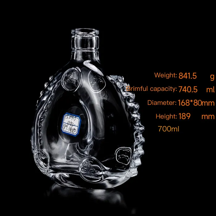 Bottle Factory custom Wholesale 700ml unique shape glass bottle for XO brandy bottle with crown cap